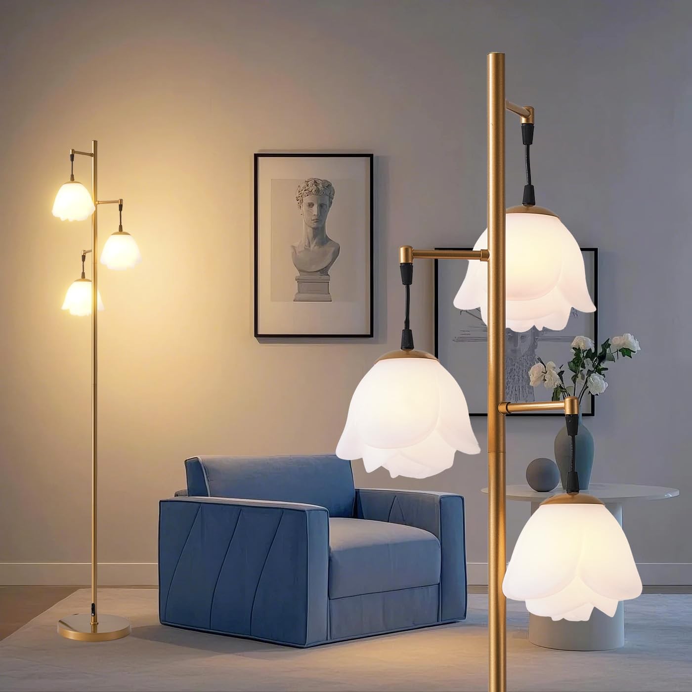 Vintage Flower Floor Lamp for Living Room with 3 LED Bulbs and Adjustable Lights
