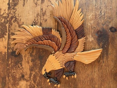 Vintage Handmade Intarsia Wood Mosaic 3D Flying Wall Art Eagle Large Talons 16 