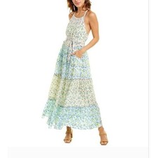 Ash & Eden Mixed Floral Tiered Halter Maxi Dress Blue Yellow Smocked Pockets L