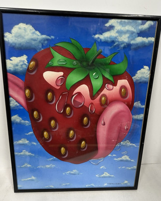 Strawberry Pop Art Painting Tongue licking strawberry cloud sky Signed 80 s Styl
