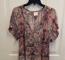 Knox Rose Pink Red Abstract Print Boho Prairie Short Sleeve Tiered Dress Size M