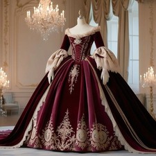 Medieval Luxury Burgundy Vintage Ball Gown Bell Sleeves Lace Beaded Velvet Dress