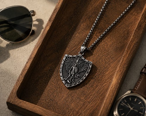 Men's Saint Michael Shield Necklace Black Stainless Steel Archangel Pendant