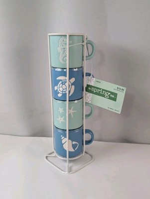 The Spring Shop Set Of 4 Green Blue Small Tableware Mugs Sea Life Shell Turtle