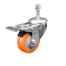 3.5 Inch SS Orange Polyurethane 10mm Threaded Stem Caster Total Lock Brake SCC