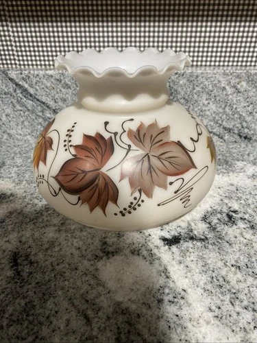 Vintage Hand Painted Milk Glass Hurricane Lamp Shade Fall Leaf Foliage 7" Fitter