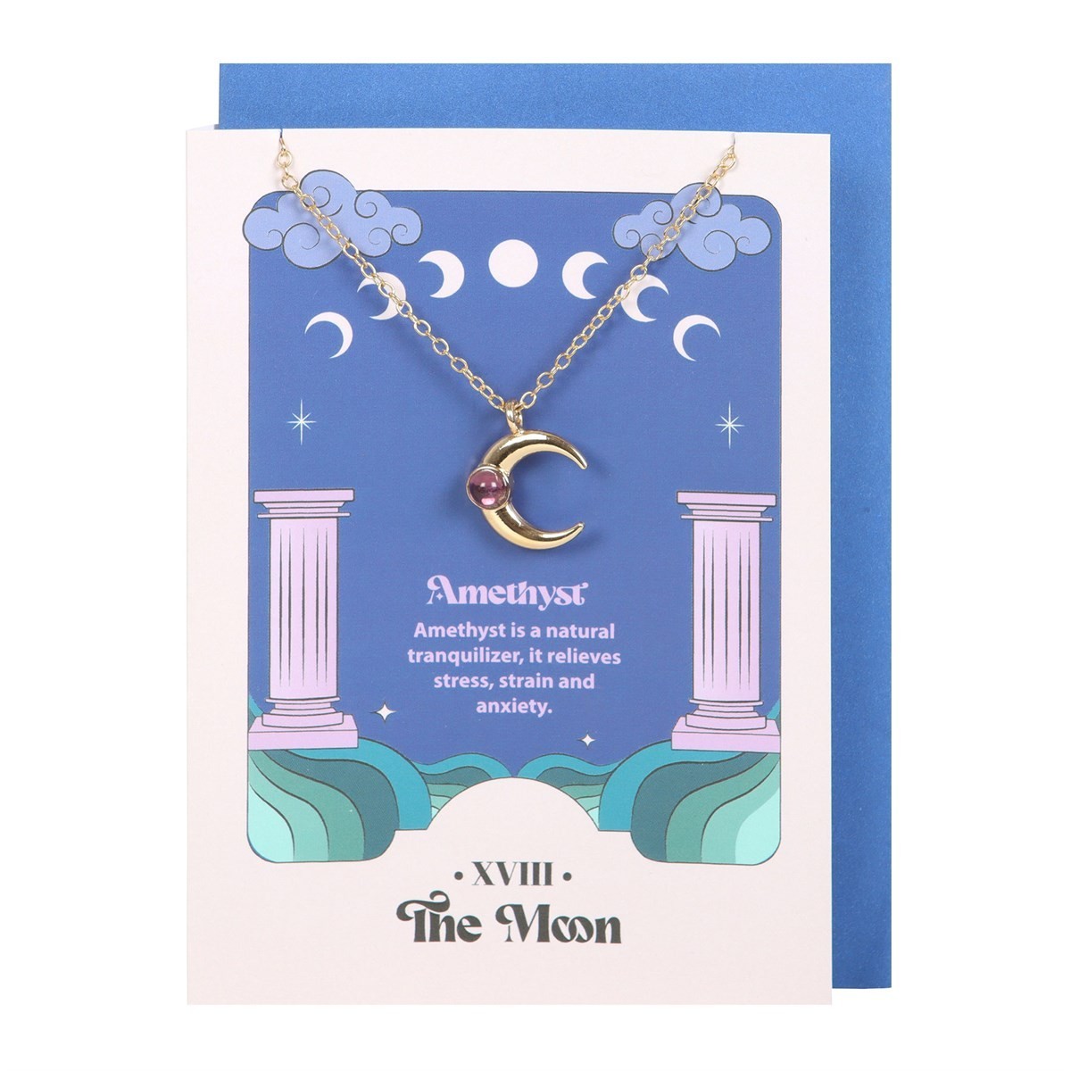 Crescent Moon Shaped Amethyst Crystal Necklace With Greetings Card Jewellery