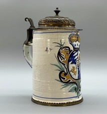 Large 19th-Century German Delft Faience Polychrome Beer Ale Stein Tankard Jug