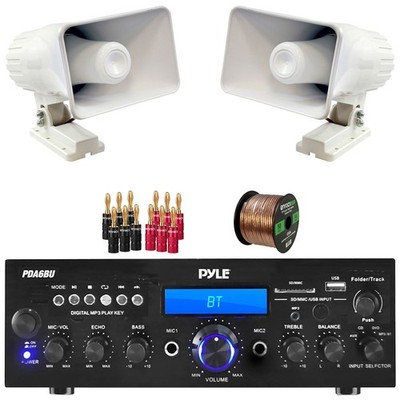 Pyle PDA6BU Compact Amp HomeReceiver, 2x 6'' 50W PA Horn Speakers, Banana Plugs