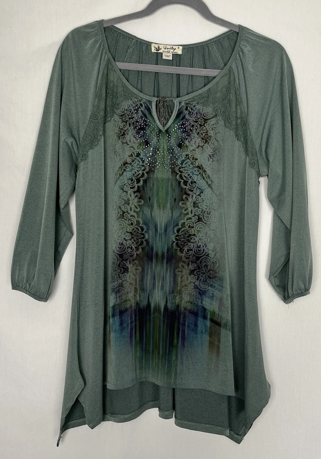 Unity World Wear Tunic Top Lace Studs Green Small Asymmetric Fairy Boho Hippie