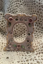 Vintage Lefton China Mini Picture Frame HP Raised Roses RS Ornate 3” Easel Back
