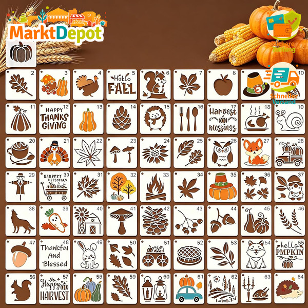 Herbst Schablonen Set 64 StüCk 7,6 Cm Wiederverwendbar FüR DIY Malen Holz Stoff-image