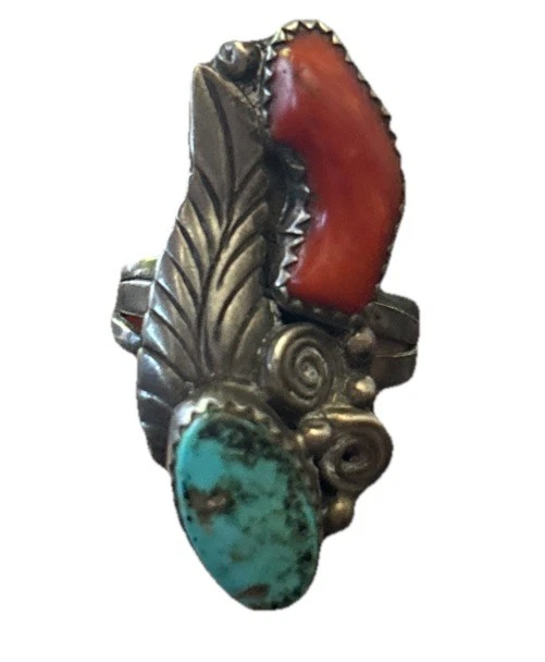 VINTAGE NAVAJO NATIVE AMERICAN TURQUOISE CORAL STERLING SILVER RING