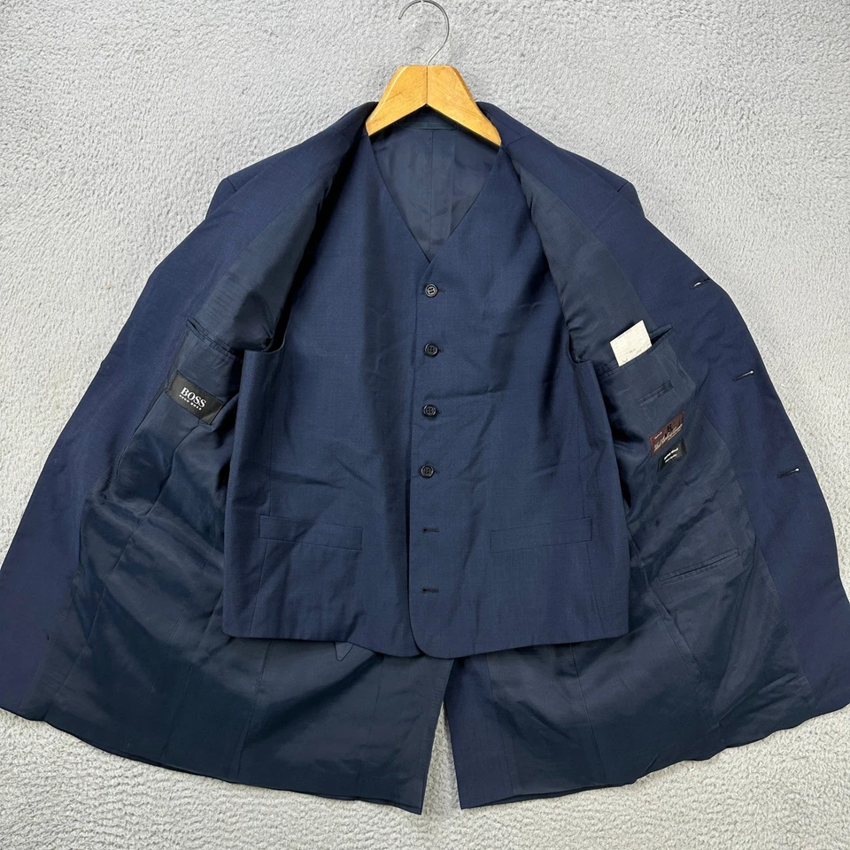 Hugo Boss Men Navy Blue 3 Piece Mohair Wool Suit Blazer Vest Pants Size 42R - Image 2 of 4