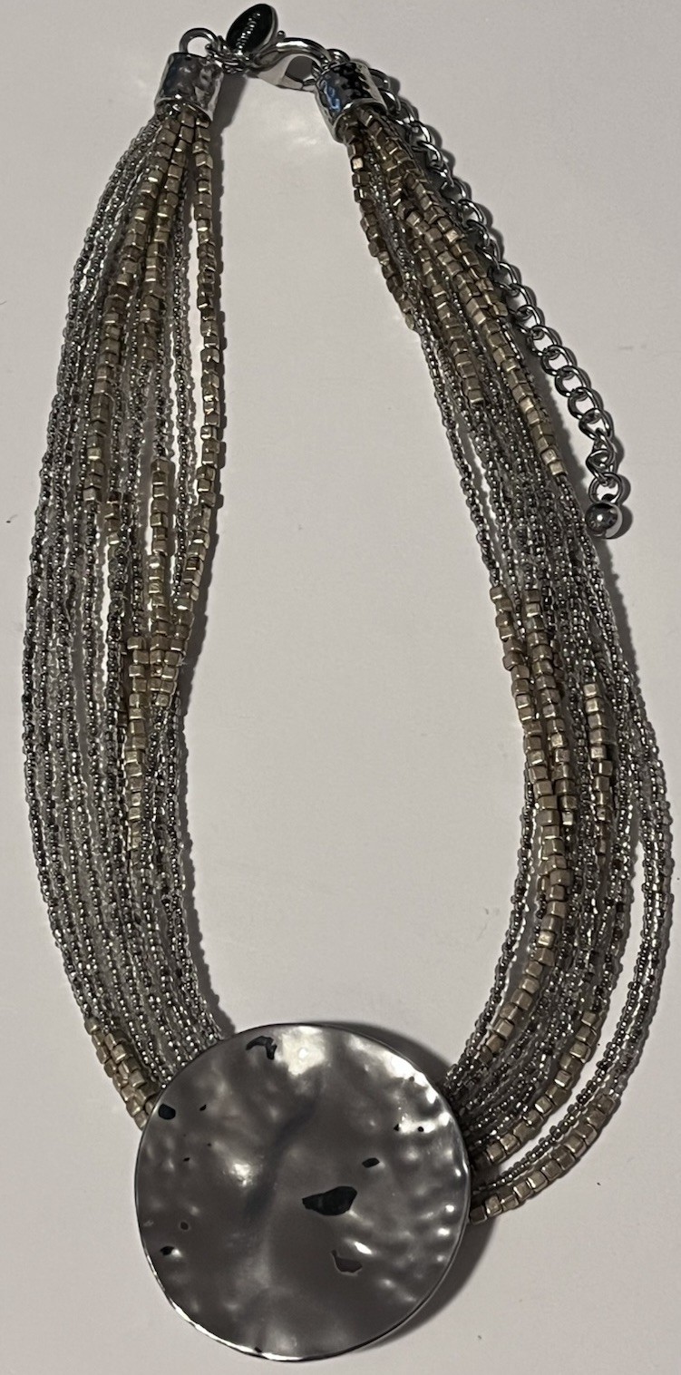 Chico Layered Silver Seed Bead Necklace with Large Hammered Disc Pendant
