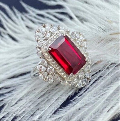 3Ct Emerald Red Garnet Halo Engagement Simulated Ring 14K White Gold Finish