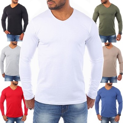 Young & Rich Herren Longsleeve tiefer V-Ausschnitt langarm Shirt stretch slimfit