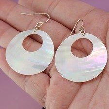 Mother of Pearl Shell Round Drop Earrings White Iridescent Fishhook Boho Style
