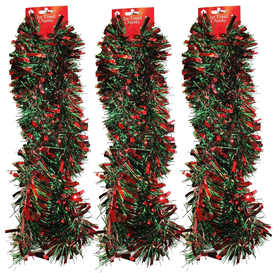 FESTIVE WONDERLAND Christmas Chunky Tinsel 3 Lengths 2 Metre Tree Room Decoration - Red and Green