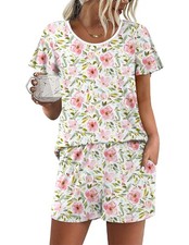 Ekouaer Womens Pajama Set Summer Short Sleeve Pjs Large, Pink Floral