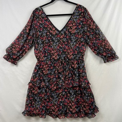 BCX Floral Tiered Mini Dress Women XL Black Red Gold Metallic V-Neck Ruffle