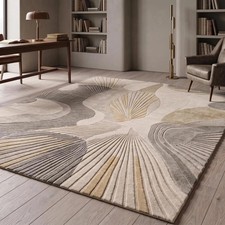 Hand Tufted Wool Area Rug Abstract Neutral Beige Grey Cream, High Low Carpet.