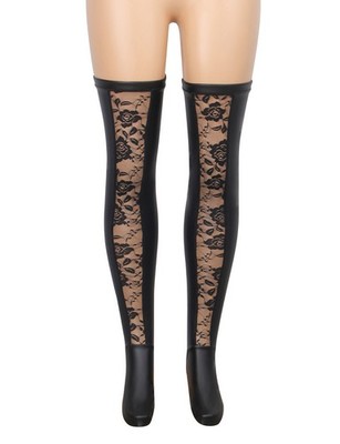 WOW BABE halterlose Strümpfe schwarz Kunstleder Netz Spitze Blumenmuster vorne Größe 2XL