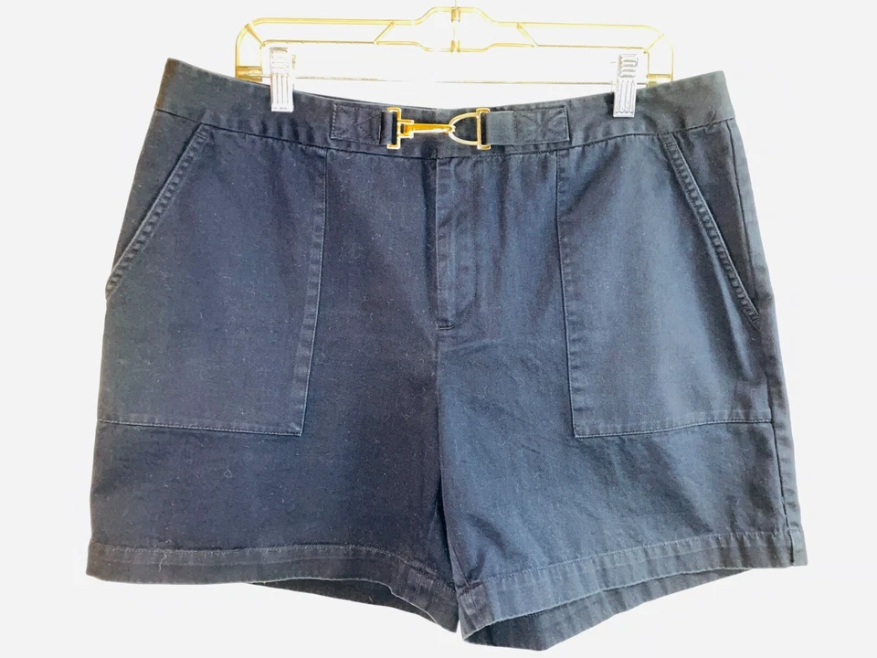Pantalones Cortos Chaps Para Mujer Talla 14 Cintura Hebilla Azul Marino Oscuro Bolsillos Sólidos 100% Algodón Foto 2 de 4