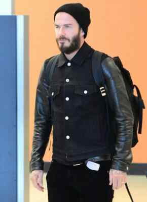 Men David Beckham Fashionable Denim Leather Sleeves Jacket