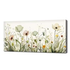 Beautiful Sage Green Spring Wildflowers Field Meadow, Colourful Canvas Print Art