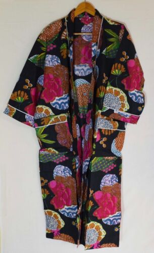 Langes indisches Baumwoll-Kimono-Kleid Blumendruck Baumwolle Hippie Maxi Damen Nachtwäsche - Bild 2 von 6