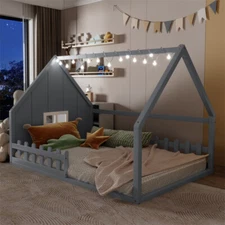 Full Size Wood House Bed Frame w/Roof,LED light &Fence for Girl Boy Bedroom-Gray
