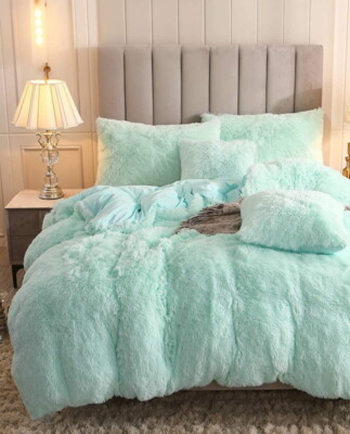 ULTRA SOFT PLUSH AQUA GREEN FAUX FUR COMFORTER SET : SHAGGY BEAR HUG BEDDING