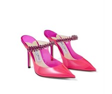 Jimmy Choo Bing 100 Hot Pink Crystal Strap Sheer Pumps Mules EU 36.5/ US 6.5