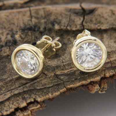 Round Lab Created Diamond Women's Bezel Set Stud Earrings 14K Yellow Gold Plated