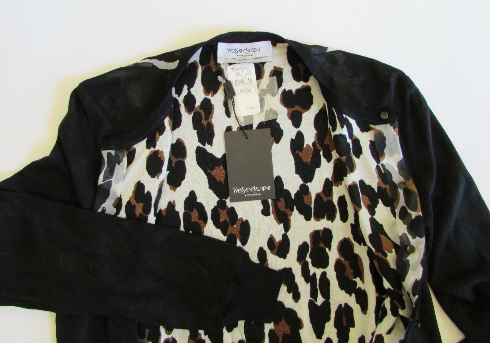 Cardigan Yves Saint Laurent Rive Gauche nero lana di seta leopardata nuovo con etichette $1095