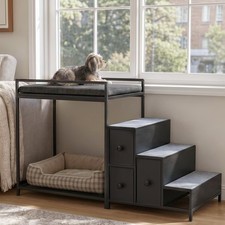Pet Bunk Bed W/ Stairs  Storage Dogs/Cats Window Perch Bedside Lounge Elevated