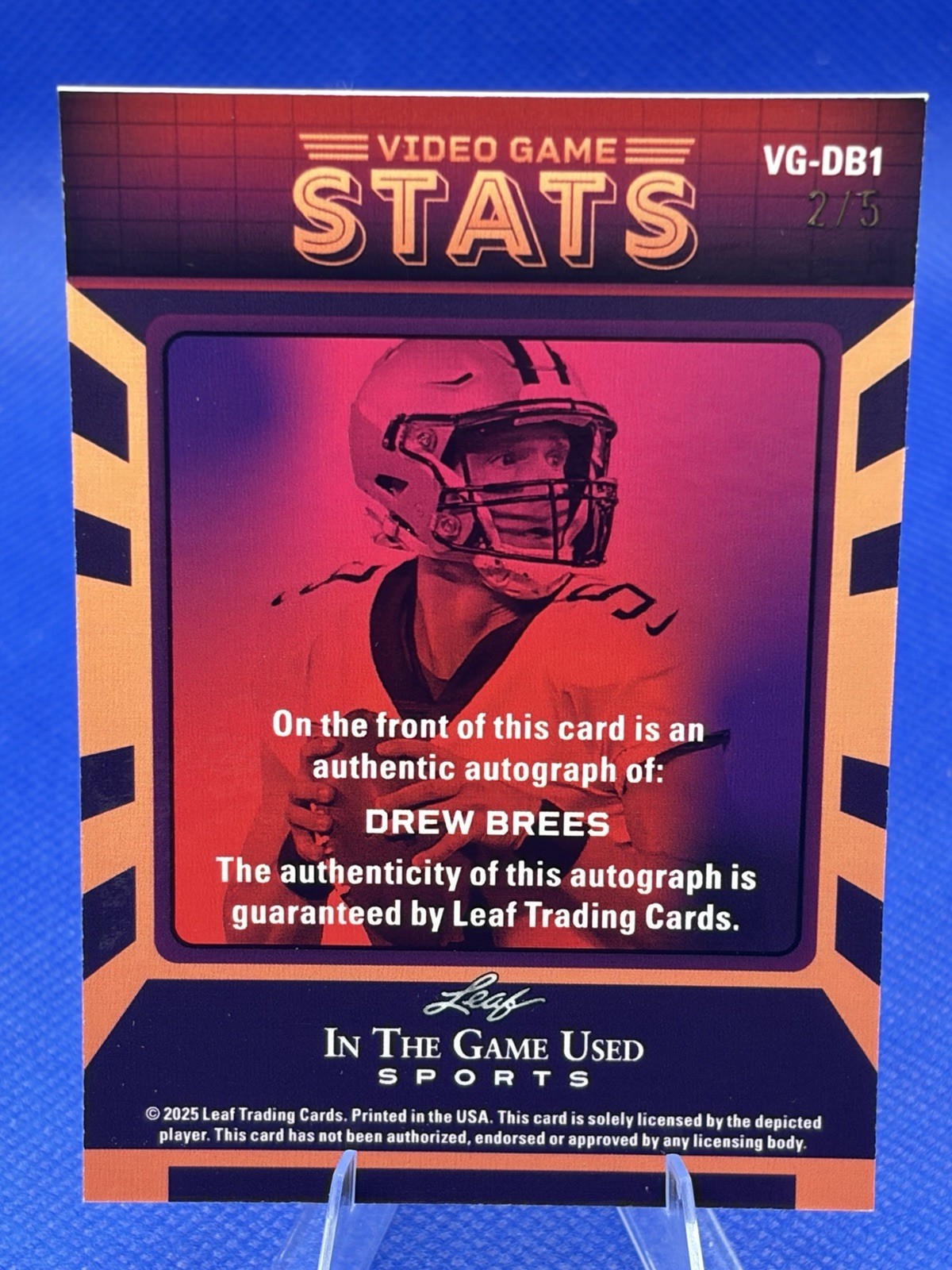 2025 Leaf In The Game Used Drew Brees 2/5 Video Game Stats Auto Saints HOF view 3