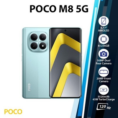 Xiaomi POCO M8 5G Android Cell Phone (8GB+256GB/GREEN/Dual SIM/Unlocked)