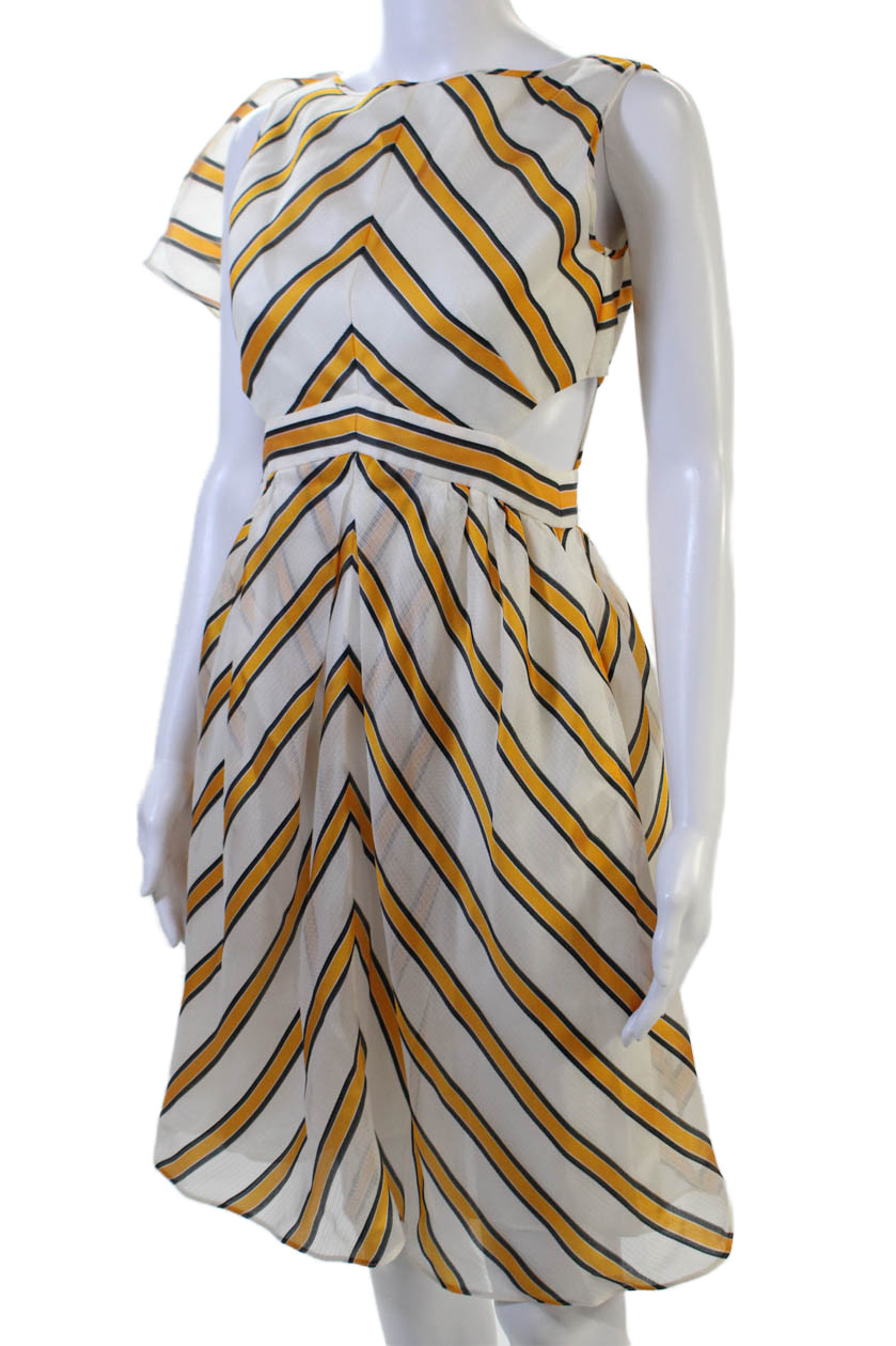 Fendi Women White Striped Fit & Flare Dress Crew Neck Zip Silk Blend Size S thumbnail 3