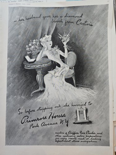 1944 Primrose House Chiffon face powder Cartier brooch vintage Art ad
