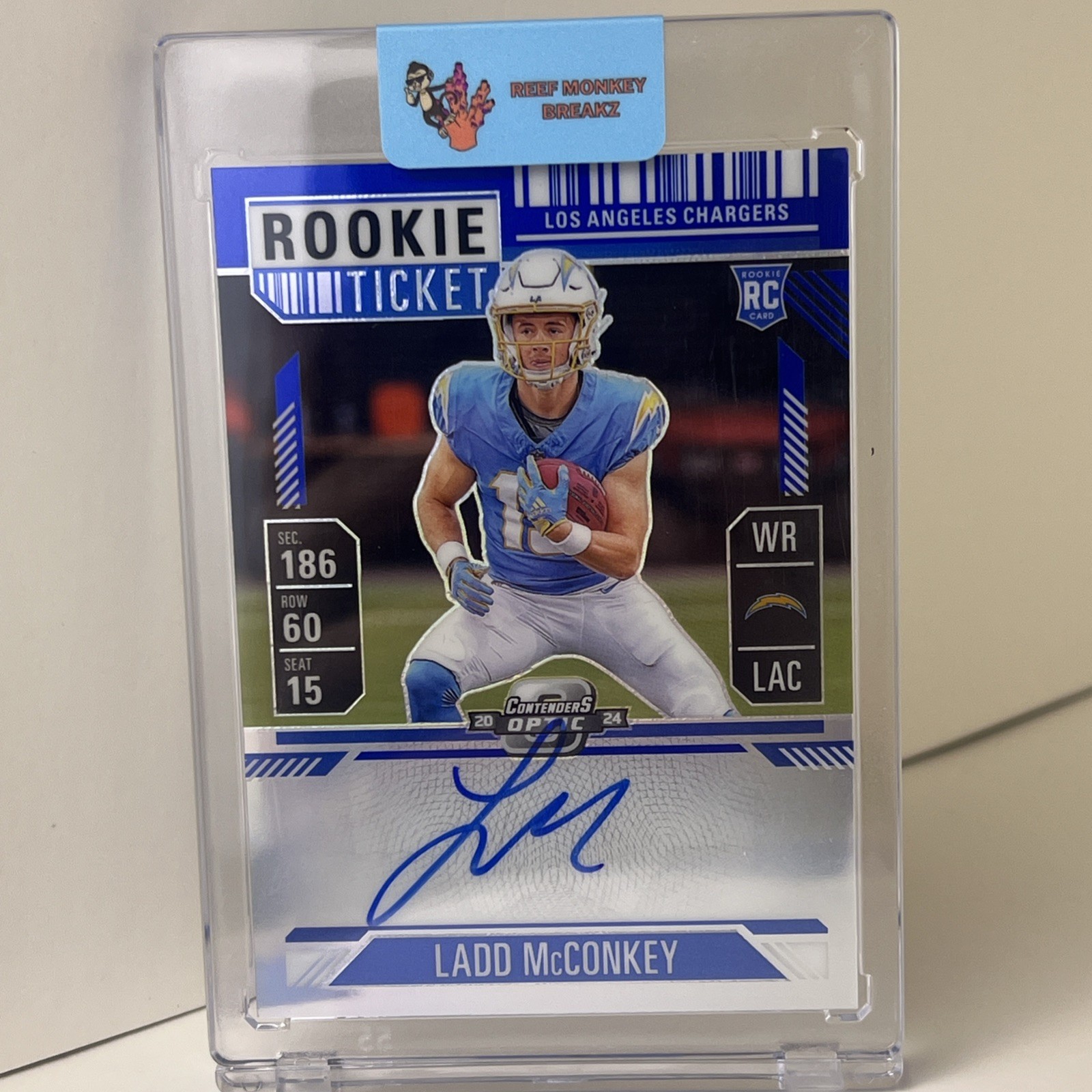 2024 Panini Contenders Optic Rookie Ticket Auto Ladd McConkey Blue Prizm /75