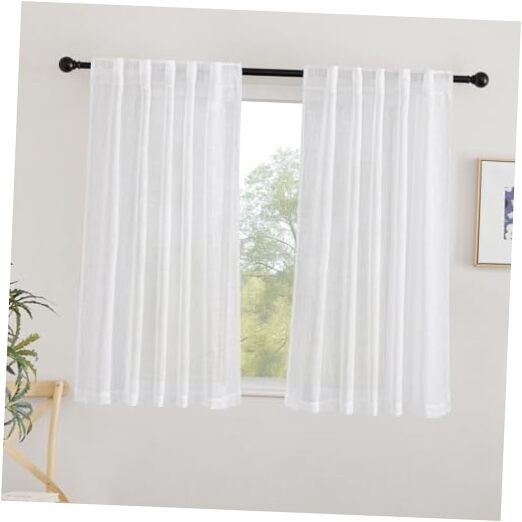 Faux Linen Cafe Curtains 42x48 Inch Rod Pocket Panel Pair White