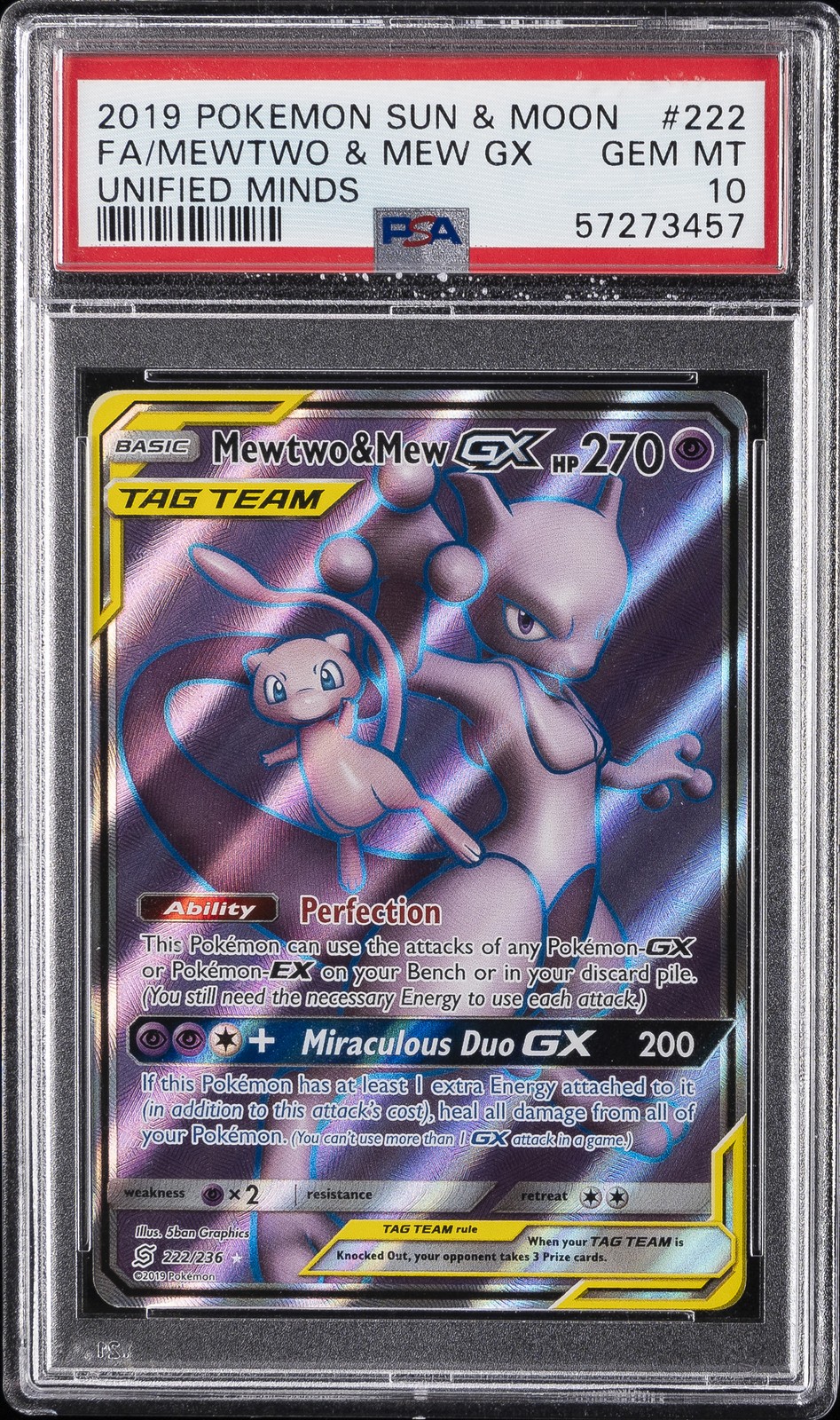2019 POKEMON SUN & MOON UNIFIED MINDS #222 FULL ART/MEWTWO & MEW GX PSA 10