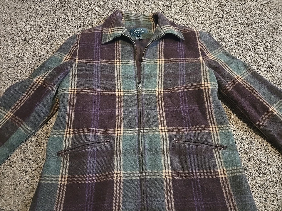 Chaqueta de franela con cremallera de lana Ralph Lauren vintage de los años 90 verde/borgoña para mujer Foto 2 de 4