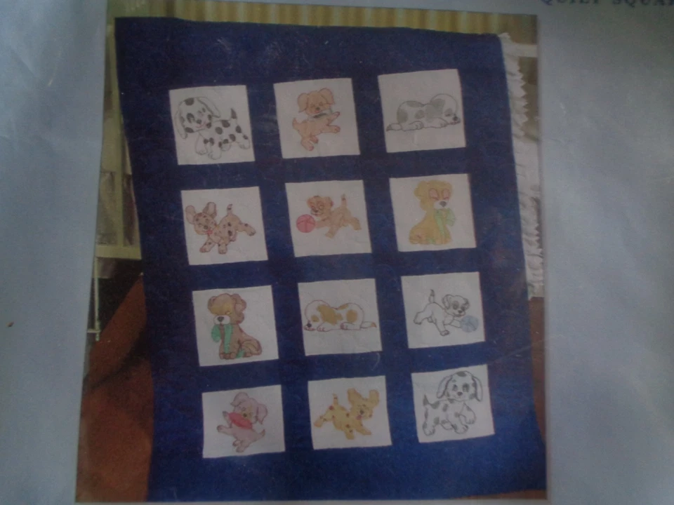 JACK DEMPSEY STAMPED FOR EMBROIDERY 9" NURSERY QUILT SQUARES PUPPIES - Image 2 of 3