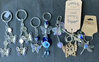 LOT of 7 BUTTERFLY DRAGONFLY EVIL EYE Keychain Bag Purse Charm Rhinestones