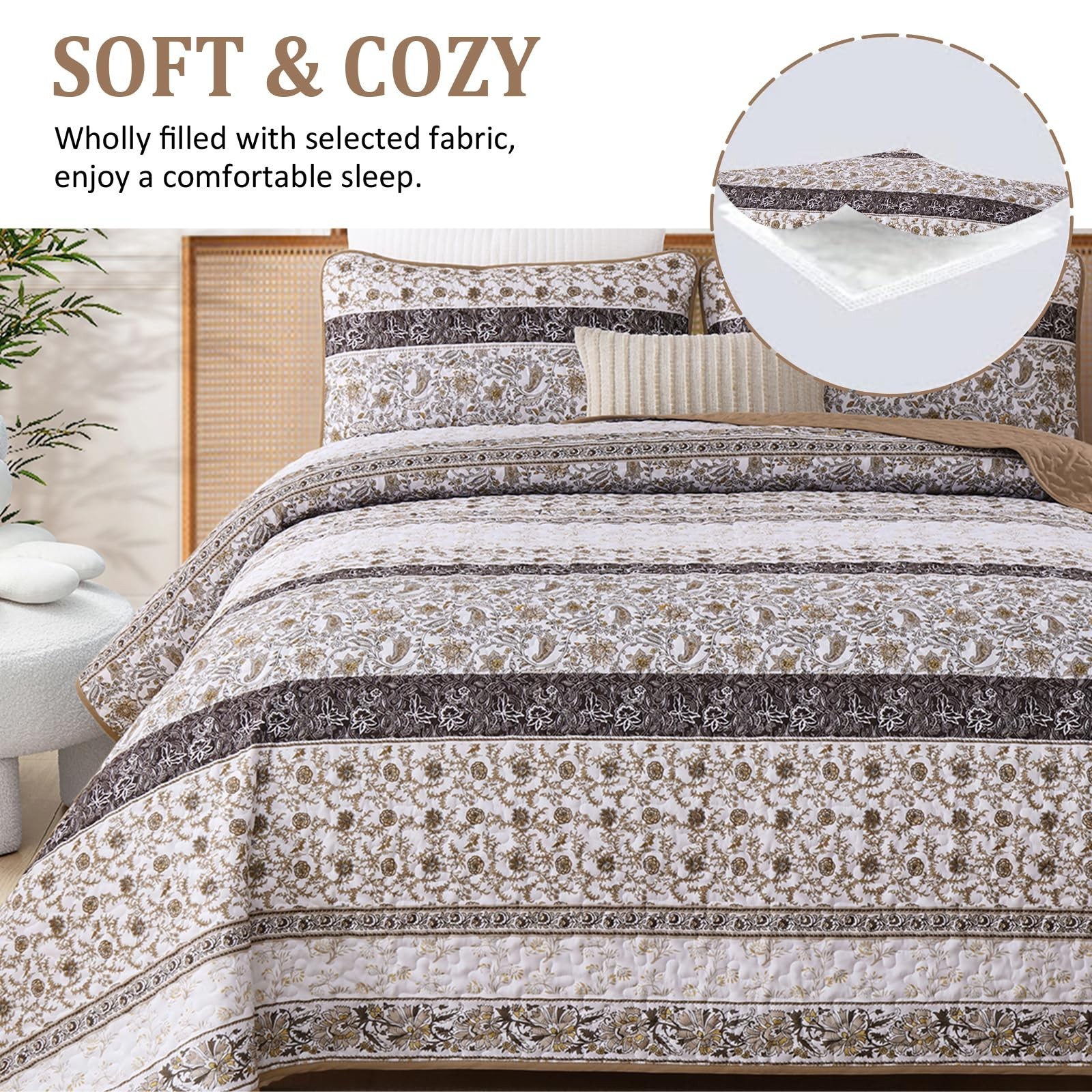 Menghomeus Brown Stripe Paisley Quilt Set King Boho Striped Bedspread Coverle...