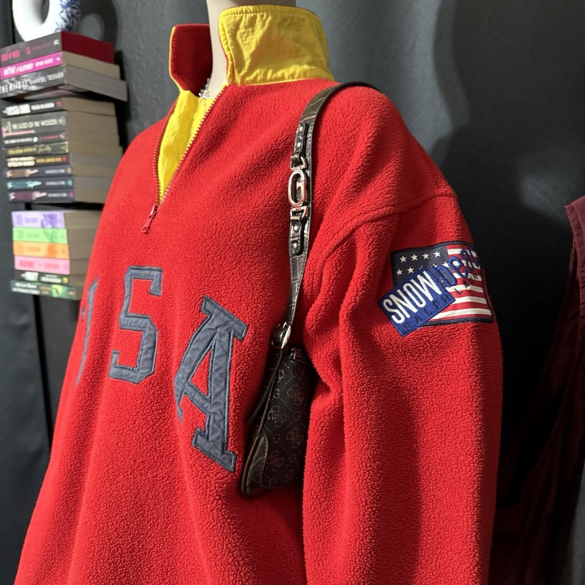 Vintage 90s Polo Ralph Lauren Red USA Fleece 1/4 Zip Sweatshirt