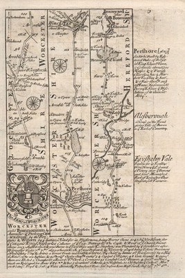 Childswickham-Pershore-Worcester-Lulsley-Bromyard Straßenkarte von Owen & Bowen 1753